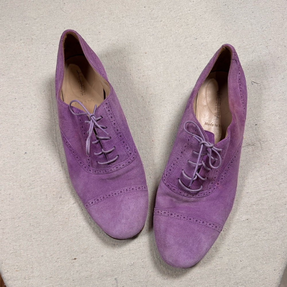 JCREW Lavender Suede Oxford Shoes - Stylish Lace-Up Flats Size 9 - Picture 2 of 7
